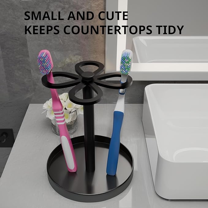 Metal Toothbrush Holders for Bathroom with 4 Slot Black Tooth Brush Holder Stand and Non-Slip Base， Countertop Organizer for Family and Hotel，Compact Design
