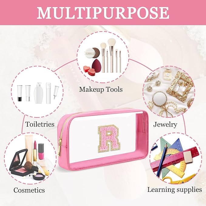 Small Clear Personalized Initial Makeup Bag,Nylon Preppy A-Z Chenille Letter Patch Cosmetic Pouch Beach Toiletry Bag,Waterproof Zipper Travel Purse Storage Bag Organizer for Women Girls(Pink-Pink R)