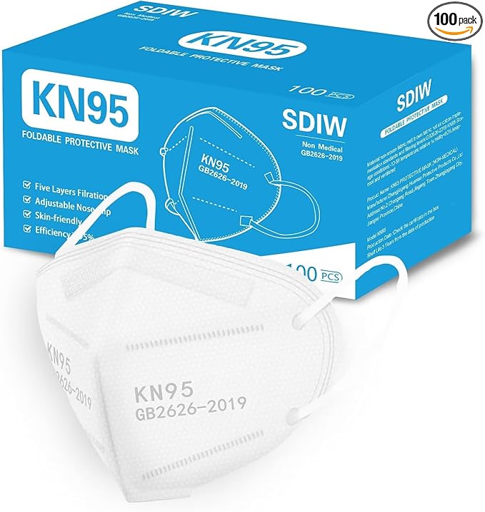 100PCS KN95 Face Masks 5 Layer Filter Efficiency≥95% with Elastic Ear Loop and Nose Bridge Clip Breathable Mask White