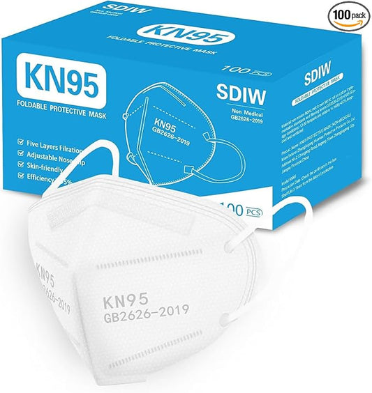 100PCS KN95 Face Masks 5 Layer Filter Efficiency≥95% with Elastic Ear Loop and Nose Bridge Clip Breathable Mask White