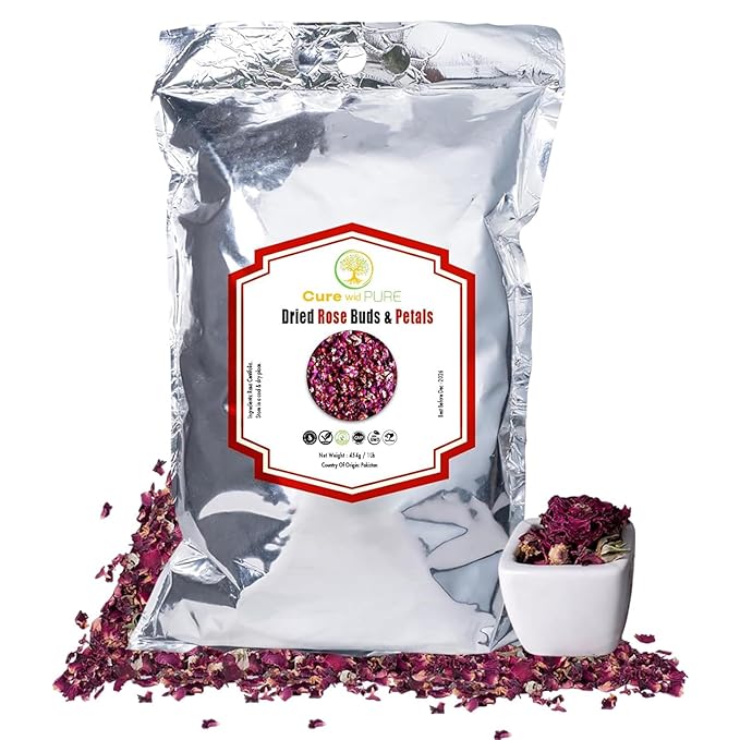 Cure wid Pure Sun-Dried Rose Petals & Buds Whole In Resealable Pouch - Fragrant & Rich in Color,Ideal for Culinary & Aromatic Uses Food Grade Dried Roses for Tea,Rose Water,Decor & More 1Lb