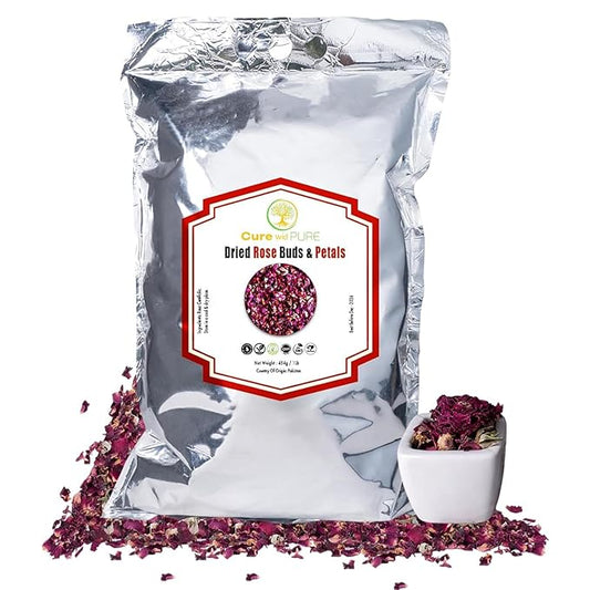Cure wid Pure Sun-Dried Rose Petals & Buds Whole In Resealable Pouch - Fragrant & Rich in Color,Ideal for Culinary & Aromatic Uses Food Grade Dried Roses for Tea,Rose Water,Decor & More 1Lb