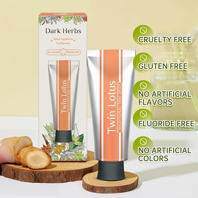 Twin Lotus Natural Herbal Thai Flavor Toothpaste, Fluoride Free,Non GMO,Nature Curcumin Clove Toothpaste,Improve Oral Health Remove Tartar,3.52oz 3 PKs