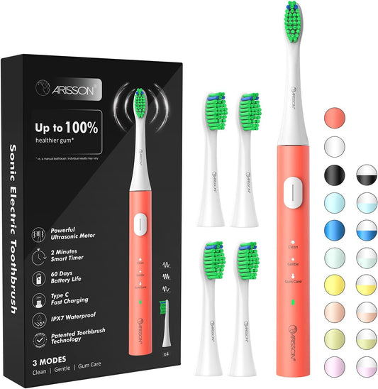 ARISSON Sonic Electric Toothbrush for Adults and Kids, 40,000 VPM Power Toothbrush, 1.5H Fast Charge Ultrasonic Electric Toothbrushes with 2 Minutes Smart Timer, White on Peach Orange