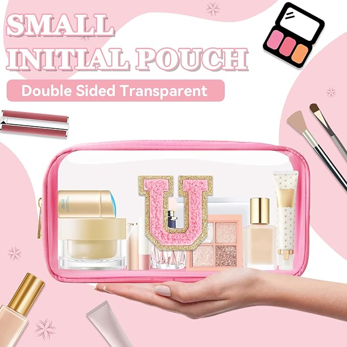 Small Clear Personalized Initial Makeup Bag, Preppy Nylon A-Z Chenille Letter Patch Makeup Organizer TSA Approved Travel Toiletry Bag,Waterproof Zip Beach Cosmetic Pouch Purse for Women(Pink-Pink U)
