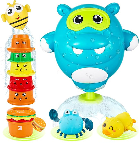 EKU Hippo Bath Toys for Kids Ages 18months+ Toddler with Burger Stacking Cups Swimming Duck Crab Bath Time Water Play Toys Bathtub Toys