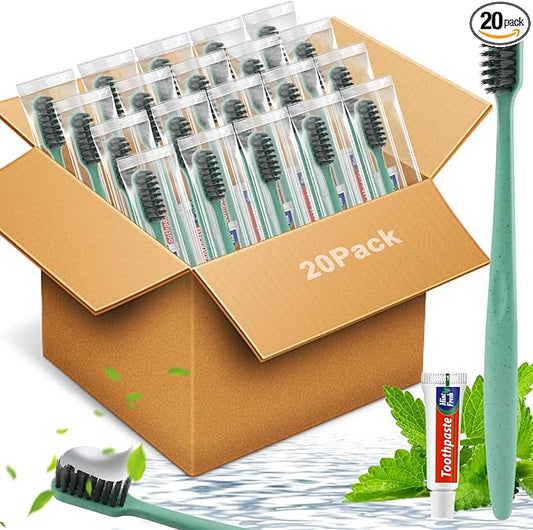 HOFASON Disposable Toothbrushes with Toothpaste 20 Pack, Travel Bulk Toothpaste and Toothbrush Set, Travel Size Tooth Brush Paste, Individually Wrapped Toiletries for Homeless, Nursing Home, Hotel