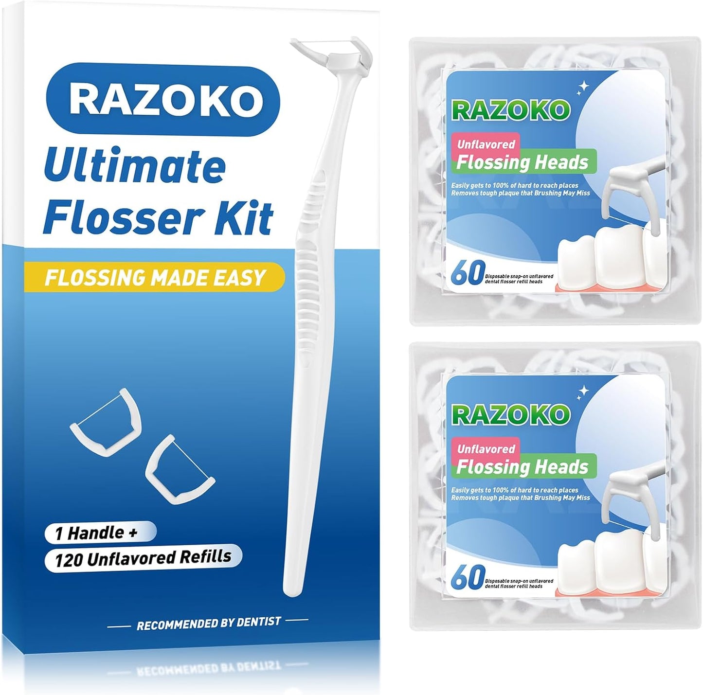 RAZOKO Ultimate Flosser Kit with 1 Handle and 120 Extra Strength Refills