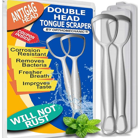 Double-Headed Tongue Scrapers (Pack of 2) for Adults & Kids with Travel Cases, 100% Stainless Steel, Gentle & Durable Scrapers. (2 Tongue Scrapers)