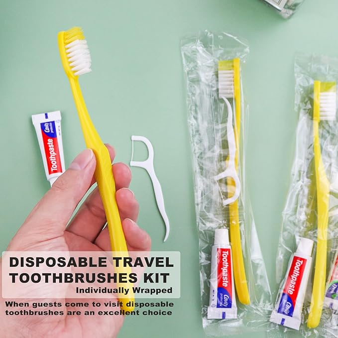 30pcs Disposable Toothbrushes with Toothpaste and Floss,Yellow Bulk Single Use Toothbrush Floss Pick Individually Wrapped Disposable Travel Toothbrushes Kit for Homeless,Airbnb,Hotel,Guest