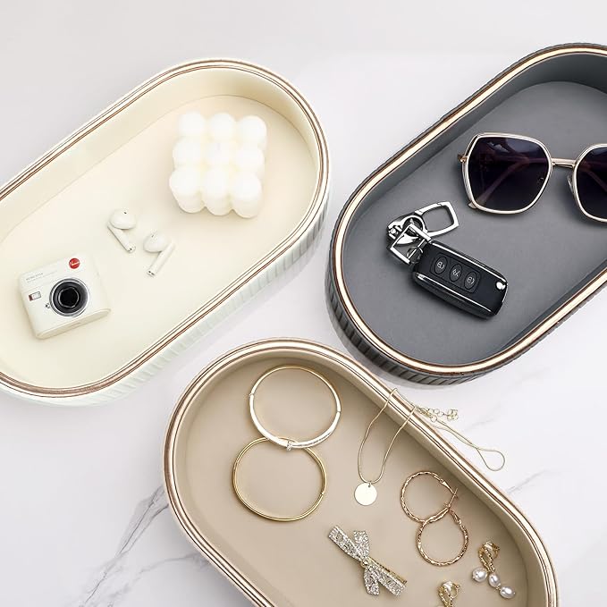 GORESE Oval Vanity Tray Perfume Organizer, PU Leather Valet Jewelry Trays Nightstand Organizer Key Bowl Trinket Dish for Entryway Dresser Bedside, Catchall Trays for Men Women, 11×5.9 in, Cream White