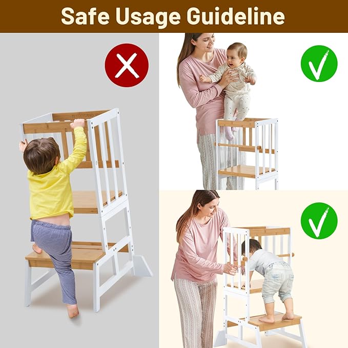 COSYLAND Toddler Standing Tower - Adjustable Height Toddler Kitchen Stool Helper - Kids Kitchen Step Stool for Learning with Removable Safety Railing White & Natural