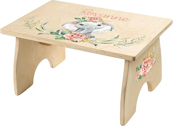 Step Stool for Toddlers- Personalized Wood Kids Step Stool with Name for Kitchen Sink, Bathroom, Potty Training, Toilet, Kitchen Sink- Sturdy and Safe- Made in USA by BloomOwl (Elephant- Coral Floral)