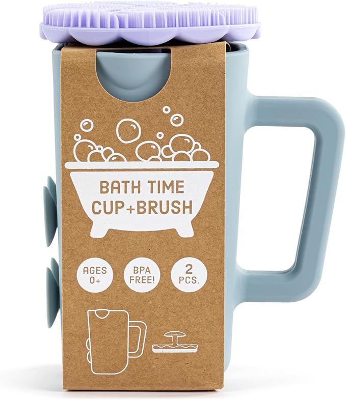 DEMDACO Love to Play Collection Baby Bath Rinse Cup and Silicone Scalp Scrubber Set - Gentle Hair Washing Aid for Infants & Toddlers Soft Silicone Kids' Brush & Ergonomic Rinse Pitcher, Blue