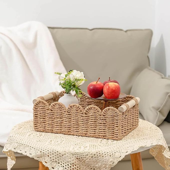 CubesLand Scalloped Decor Basket for Living Room, Home, Bathroom, 2SAME SIZE Paper Rope Basket, Toilet Storage Baskets for Over Toilet Storage Shelf, Cute Woven Basket Both Storage&Decor, Neutral