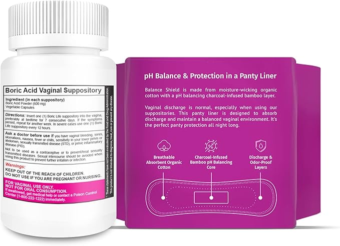 NutraBlast Boric Acid Vaginal Suppositories 600mg (30 Count) Bundle with Balance Shield Panty Liners (180mm, 20-Pack) | Discharge & Odor-Proof Layers | Charcoal-Infused Bamboo Balancing Core