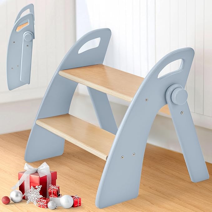 Wooden Step Stool, Two Step Stools, 300 lb. Load Capacity, with Safety Non-Slip Pads and Handles, Bamboo Step Stool for Bathroom and Kitchen, Children's Christmas Gift（Blue）