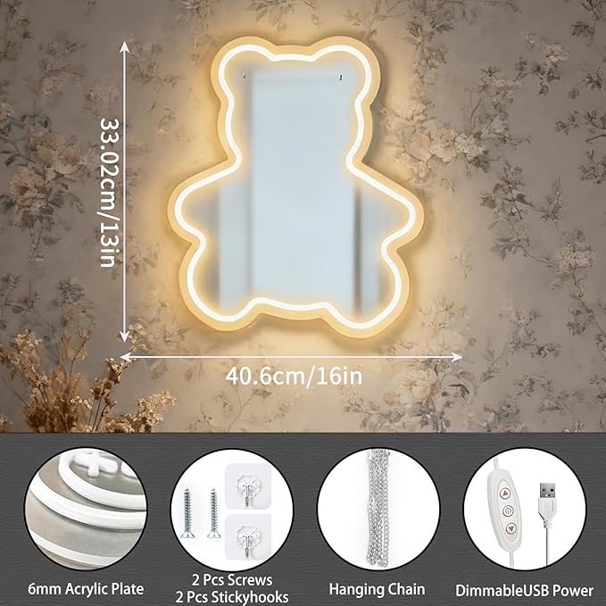 Bear Neon Light Mirror, Adorable Dimmable Acrylic Wall Decor with Warm White Glow, USB Powered Shatterproof Mirror for Girls, Kids Room