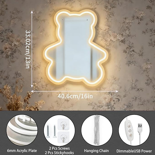 Bear Neon Light Mirror, Adorable Dimmable Acrylic Wall Decor with Warm White Glow, USB Powered Shatterproof Mirror for Girls, Kids Room