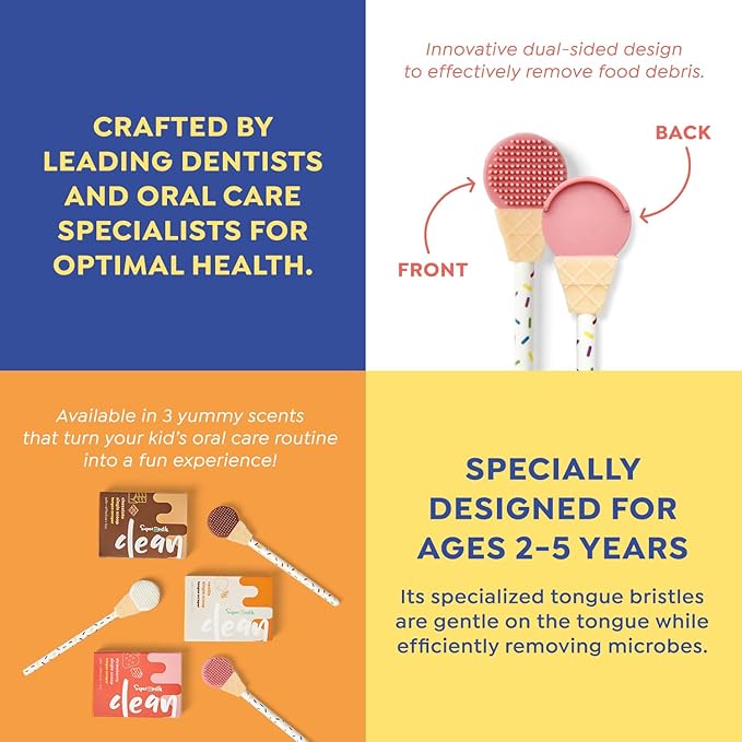 SuperMouth® Single Scoop Tongue Scraper for Toddlers & Kids Ages 2-5 – Dual-Sided Brush & Scraper Removes Odor-Causing Buildup, Fights Bad Breath, Gentle Easy-Grip Design, 3 Scents, Early Oral Care