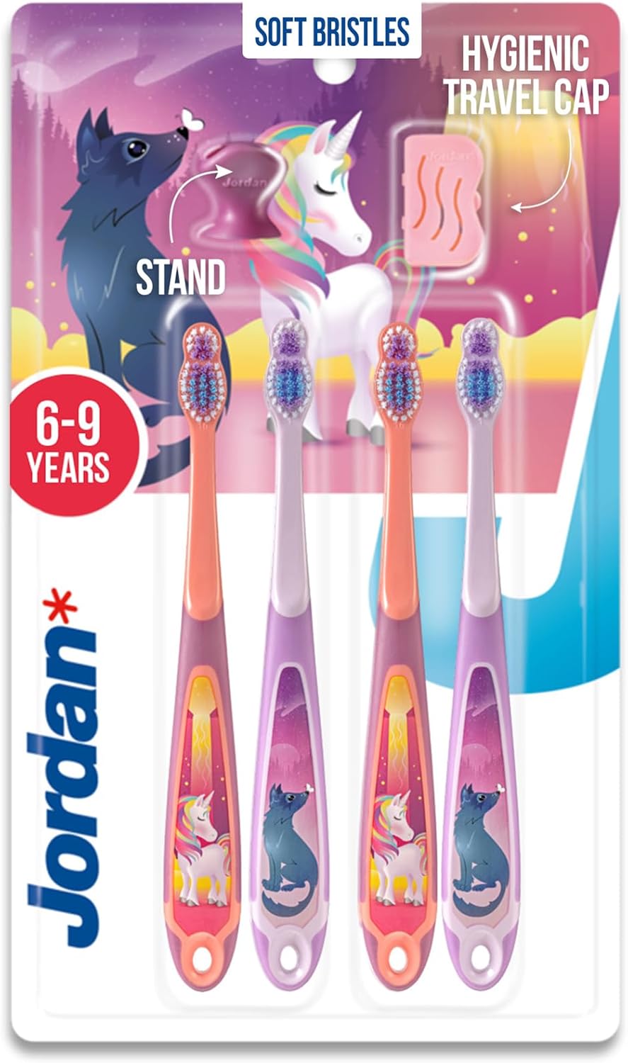 Jordan* Kids Toothbrush | 6-9 Years, Soft Bristles, BPA Free | 4 Pack | Blue & Pink Step 3
