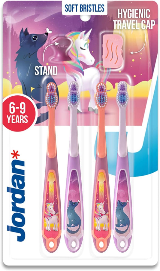 Jordan* Kids Toothbrush | 6-9 Years, Soft Bristles, BPA Free | 4 Pack | Blue & Pink Step 3