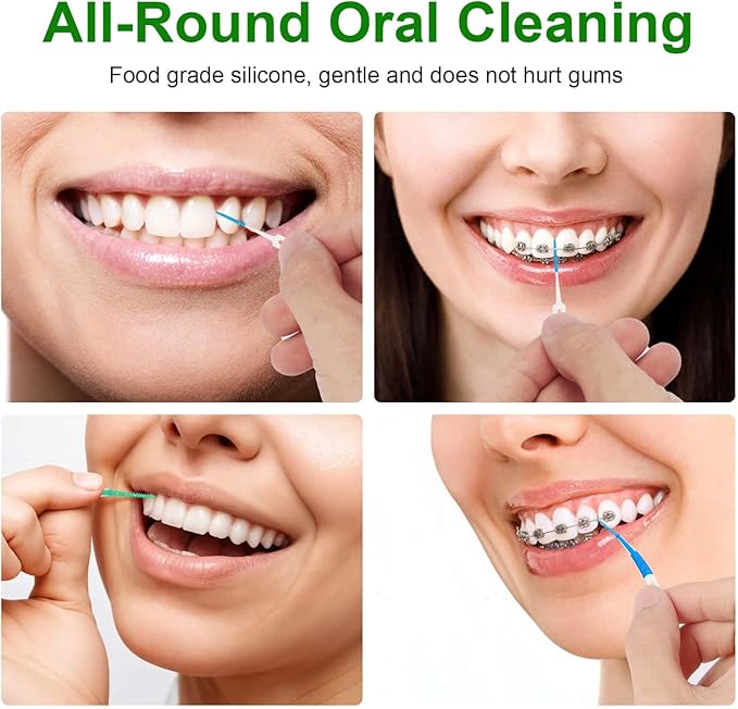 Dental Picks for Teeth Cleaning Health,300 Count Dual-Use Toothpicks,144 Count Angled Disposable Interdental Brushes, Green