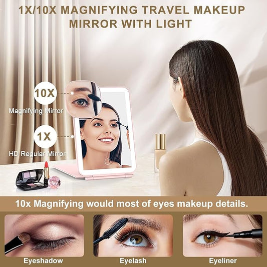 LED Foldable Travel Makeup Mirror - 5x6 inches3 Colors Light Modes USB Rechargeable Touch Screen, Portable Tabletop Cosmetic Mirror for Travel, Cosmetic, Office (Pink)