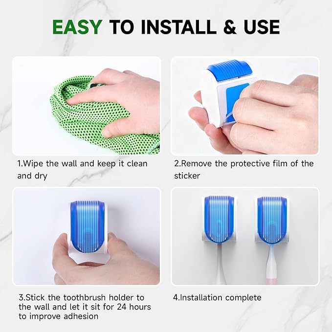 2 Pcs Toothbrush Holders Wall Mounted, Single Slot Design, Shower Self Adhesive Wall Mounted Toothbrush Holder with Cover, Waterproof and Dustproof, Suitable for Bathroom, Family, Travel (Blue)