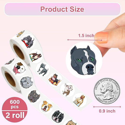 600 Pcs Bulldog Stickers Rolls for Kids-Round 1.5 Inch 16 Tyles Funny Dog Kindergarten Sticker Teacher Stickers for Kids Birthday Party School Reward Giveaways
