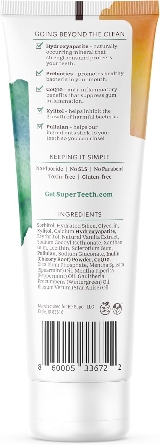 SuperTeeth Prebiotic Mineral Toothpaste for Adults & Kids with Hydroxyapatite | Fights Cavities & Plaque Buildup | Breath Freshener | Fluoride Free & SLS Free | Remineralizes Teeth | USA-Made | Mint