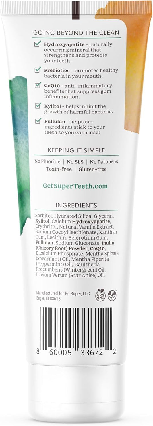 SuperTeeth Prebiotic Mineral Toothpaste for Adults & Kids with Hydroxyapatite | Fights Cavities & Plaque Buildup | Breath Freshener | Fluoride Free & SLS Free | Remineralizes Teeth | USA-Made | Mint