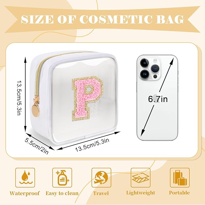 Personalized Initial Letter Clear Preppy Makeup Bag,Mini Nylon Chenille Letter Cosmetic Bag Cute Zipper Pouch Purse for Teen Girls,Portable TSA Approved Beach Travel Essentials Bag Gift for Women,P