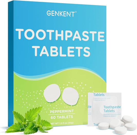 GENKENT Toothpaste Tablets, Fluoride & Plastic Free Chewable Toothpaste Tabs, Eco & Travel Friendly (60 Count)