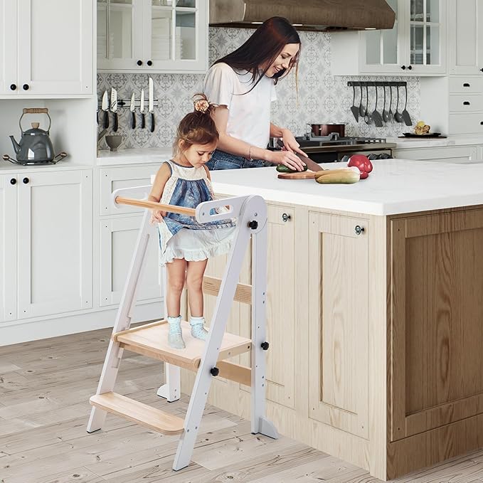 Foldable Toddler Kitchen Stool Helper - Adjustable Height Toddler Standing Tower, Kids Helper Stool with Safty Rail for Kitchen Counter Bathroom (White)