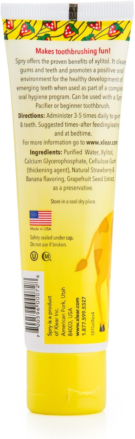Spry Natural Xylitol Toothpaste for Baby, Toddler, Kids Age 3 Months Up - Fluoride Free Tooth Gel, Support Development of Emerging Teeth, Strawberry Banana, Bubblegum, Original, 2 Fl Oz (Pack of 3)