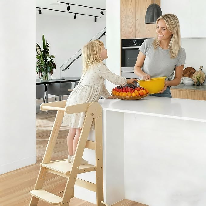 Foldable Toddler Tower 95% Preassembled Kitchen Stool Helper Folding Step Stool for Kids with 3 Adjustable Height Montessori Toddler Standing Tower for Kitchen Counter Sink Natural
