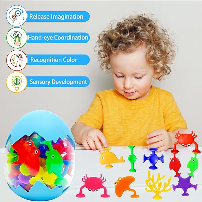 32PCS Suction Cup Bath Toys for Kids Ages 1-3 Ocean Animal Suction Bath Toys with Eggshell Storage No Hole Mold Free Bathtub Toys Party Favor Classroom Prize Water Table Toys 4 5 6 Year Old Boys Girls