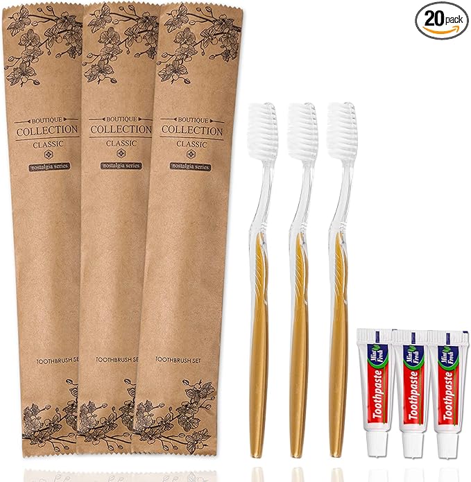 20 pcs Disposable Toothbrush with Toothpaste Bulk Individually Wrapped, Travel Toothbrush Kit, Hotel Toothbrushes Bulk for Airbnb,Shelter/Wedding/Nursing Home/Charity/Homeless, Gold