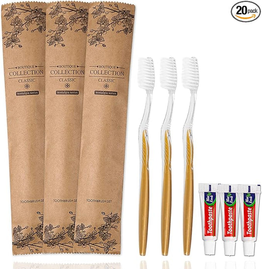 20 pcs Disposable Toothbrush with Toothpaste Bulk Individually Wrapped, Travel Toothbrush Kit, Hotel Toothbrushes Bulk for Airbnb,Shelter/Wedding/Nursing Home/Charity/Homeless, Gold
