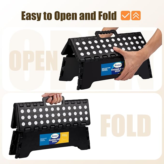 Korpai 5" Folding Step Stool for Adults and Kids 15-Inch Extra Wide Stool Holds Up to 300 lbs,Non-Slip Folding Stools with Handle,Compact Plastic Foldable Step Stool for Bathroom,Kitchen,ect