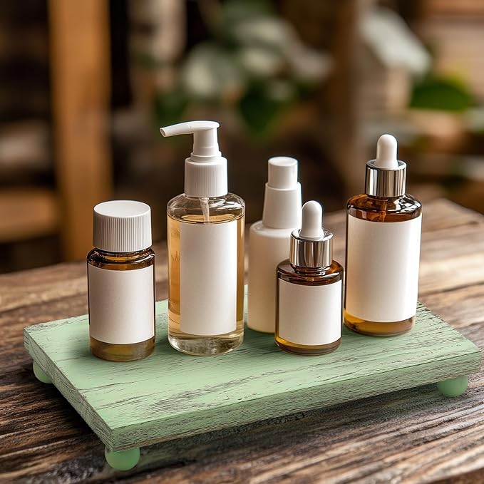 Amyhill Wood Pedestal Stand Kitchen Soap Tray Farmhouse Wooden Riser Stand for Kitchen Bathroom Counter Table Decor Plant Candle Vases Display (12 x 7 Inch,Green)