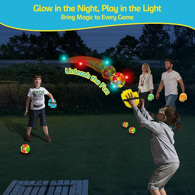 punkdog LED Toss and Catch Ball Game Set - 1 LED and 1 Regular Suction Cup Ball with 2 Easy-Grip Gloves - Beach Sports Toys for Kids - Outdoor Games for Backyard or Park - Christmas for Kids