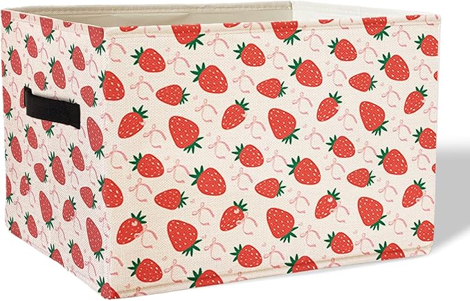 Pink Bow Strawberry Storage Basket Bins With Handles for Girls Kids, Preppy Pink Bow Aesthetic Foldable Organizer Basket Toybox for Girls Room Nursery Bedroom Bathroom Clothes Toys Books