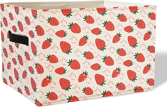 Pink Bow Strawberry Storage Basket Bins With Handles for Girls Kids, Preppy Pink Bow Aesthetic Foldable Organizer Basket Toybox for Girls Room Nursery Bedroom Bathroom Clothes Toys Books