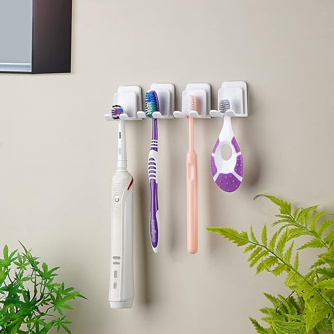 4 PCS Toothbrush Holder Wall Mounted with Cup Holder for Bathroom, Self Adhesive Toothbrush Storage Organizer for Shower, Mini Toothbrush Hanger Rack for Dorm, Cabinet