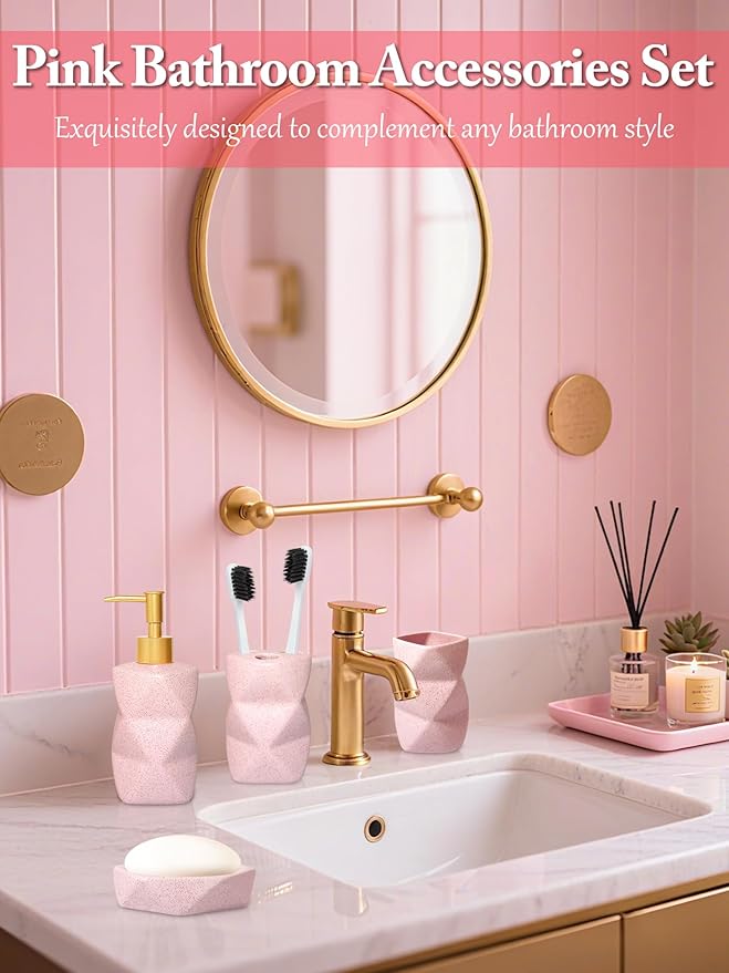 Bathroom Accessories Set,4 Pcs Bathroom Accessory Set,Includes Lotion Soap Dispenser,Toothbrush Holder,Tumbler,Soap Dish,Ceramic Bathroom Sets Complete,Bathroom Sink Set for Modern Home Decor(Pink)