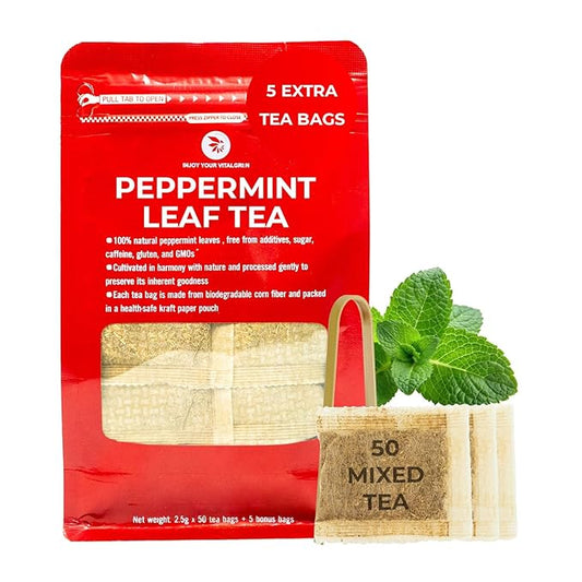 INJOY YOUR VITALGRI:N Peppermint Tea Bags - 55 Count (+5 Tea Bags) Bamboo Tong Included - 5.96 oz, Re-Steep Herbal Tea, Cool Fresh Breath, Warm Heat, Stomach Relief, Relax, Digestive Support, Mint