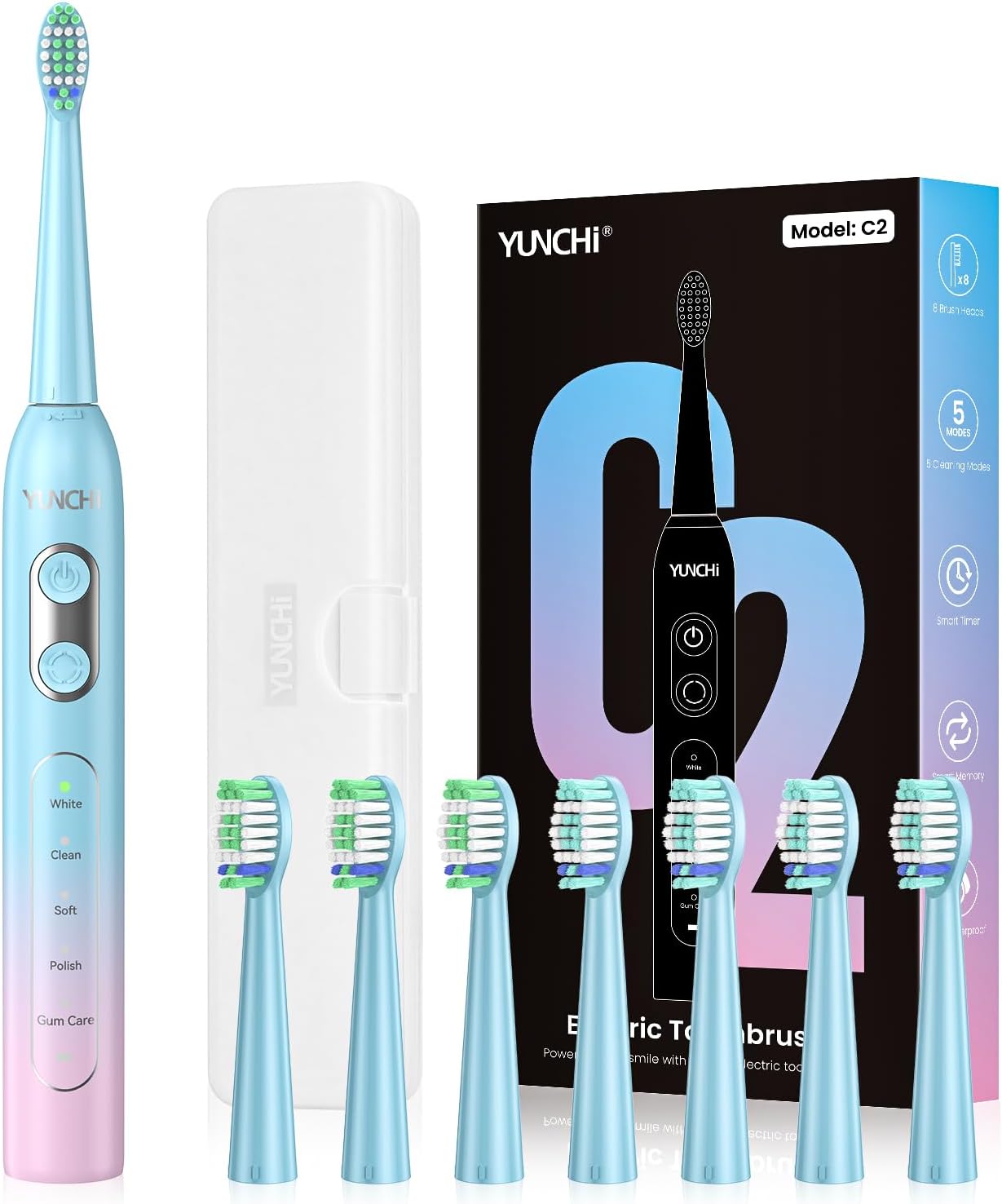 YUNCHI Sonic Electric Toothbrush for Adults,Rechargeable Toothbrushes with Travel Case, 90 Days, 8 Brush Heads, 2 Min Timer, IPX7 Waterproof, 5 Modes, Blue and Pink