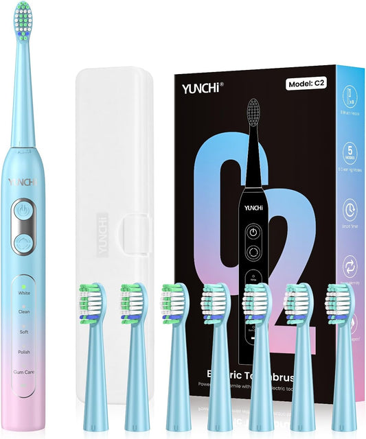 YUNCHI Sonic Electric Toothbrush for Adults,Rechargeable Toothbrushes with Travel Case, 90 Days, 8 Brush Heads, 2 Min Timer, IPX7 Waterproof, 5 Modes, Blue and Pink